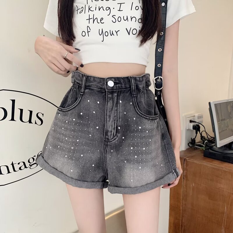 Smoke Gray Hot Drilling Denim Shorts Women's Summer 2024 New A- shape High Waist Design Feeling Curled Wide Leg Hot Pants