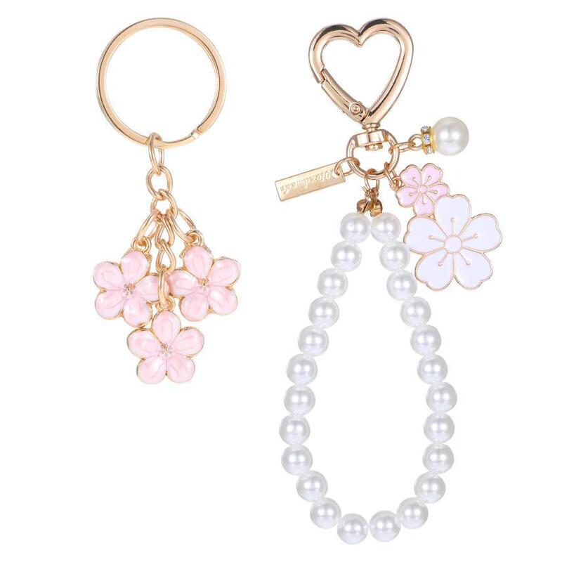 Flower Keychain Women's Wristband Keychain Cute Pearl Keychain Flower Charm Car Beaded Key Chain Women
