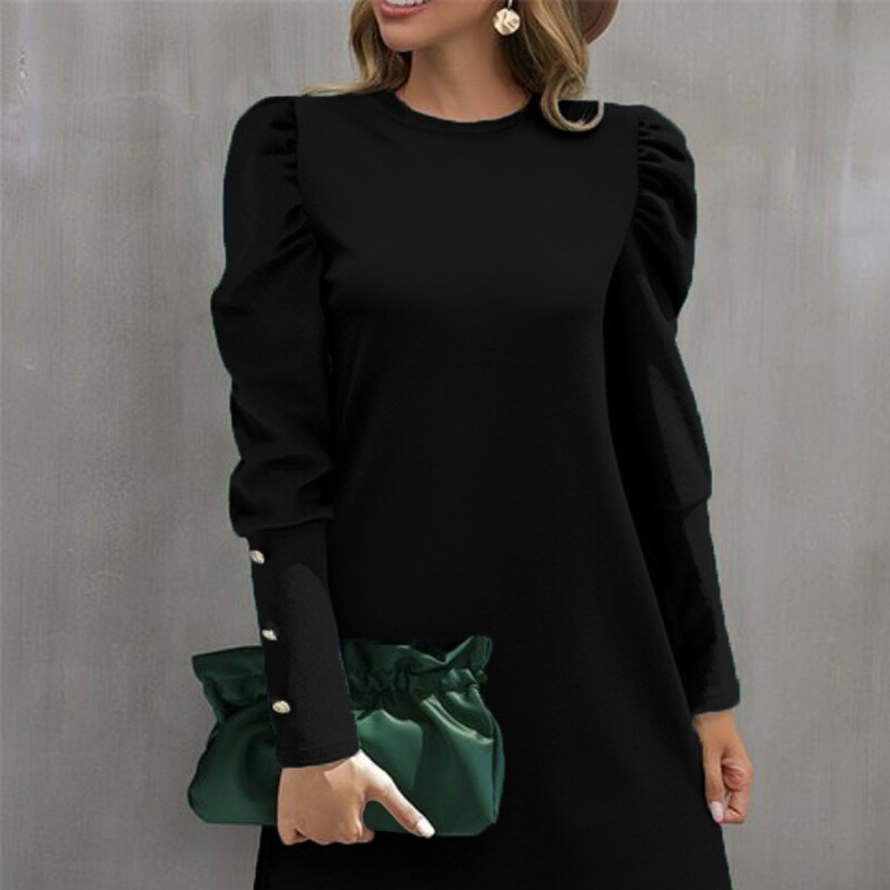 In Stock 2024 European and American Cross-Border Women's Clothing Amazon Autumn and Winter New Solid Color Round Neck Puff Long Sleeve Button Dress