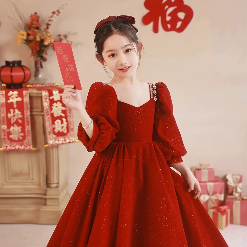 Children's red flower girl dress, small princess costume, suit, western style