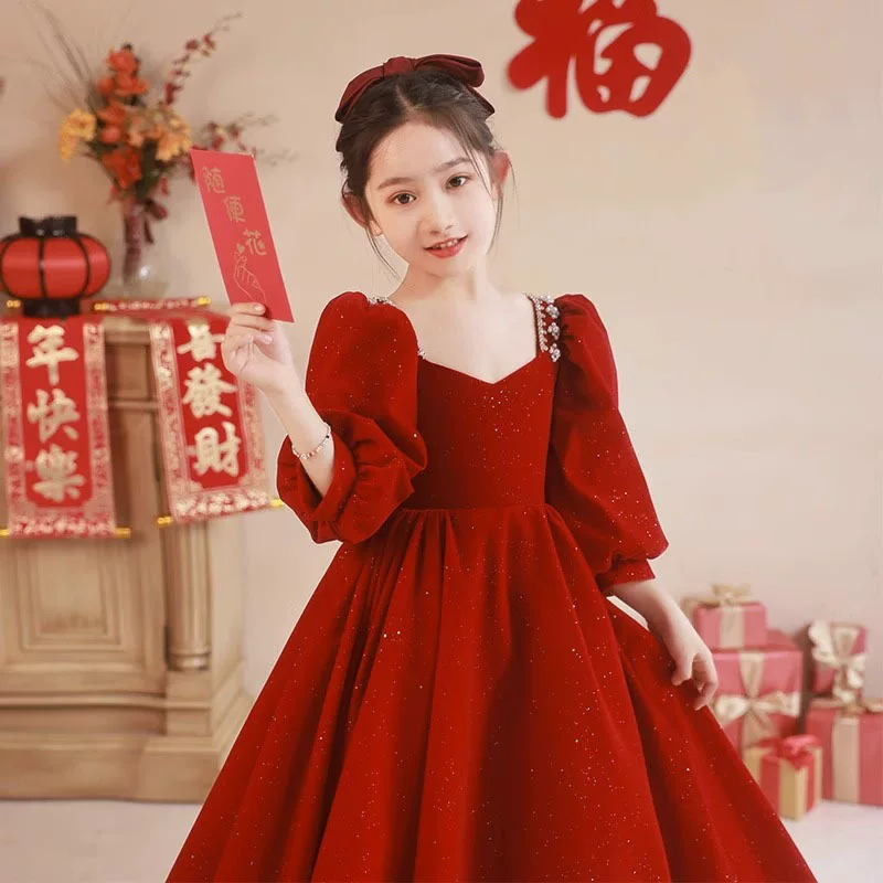 Children's red flower girl dress, small princess costume, suit, western style