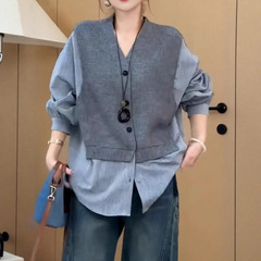 大码女装针织衬衫拼接假两件上衣2025年早秋新款胖mm宽松显瘦衬衫