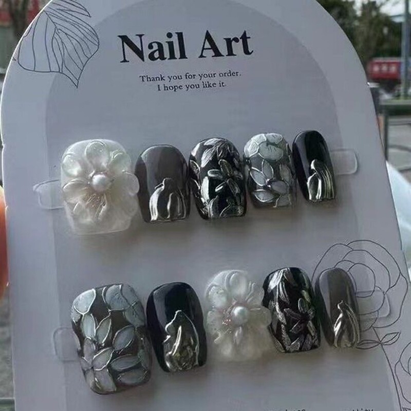 Hand-worn Armor Short Sweet Cool Pinch Flower Hand-painted Magic Mirror Powder Real Shot Removable Manicure Cross-border Europe and America