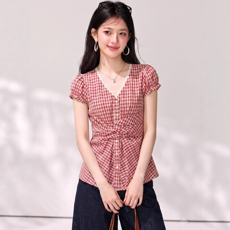 Red Plaid Short-Sleeved Shirt for Women Summer 2026 New Style Lace Edge V Neck Puff Sleeve Babydoll Shirt Waist-Cinching Top