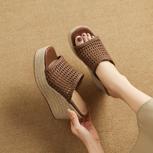 Wedge Half Slippers 2025 Summer Women's Shoes Thick Heel High Heel Sandals Square Toe Thick Sole Straw Open Toe Sandals Outer Slippers