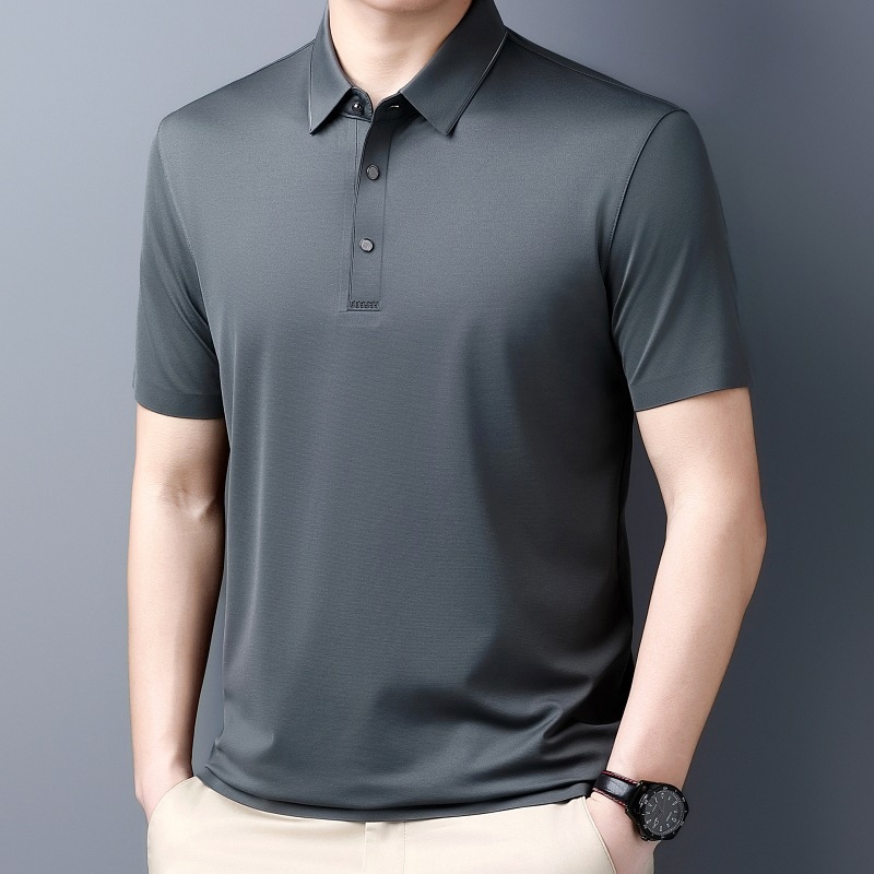 高端正品桑蚕丝短袖t恤男2025夏季纯色大码中年商务宽松薄体恤衫