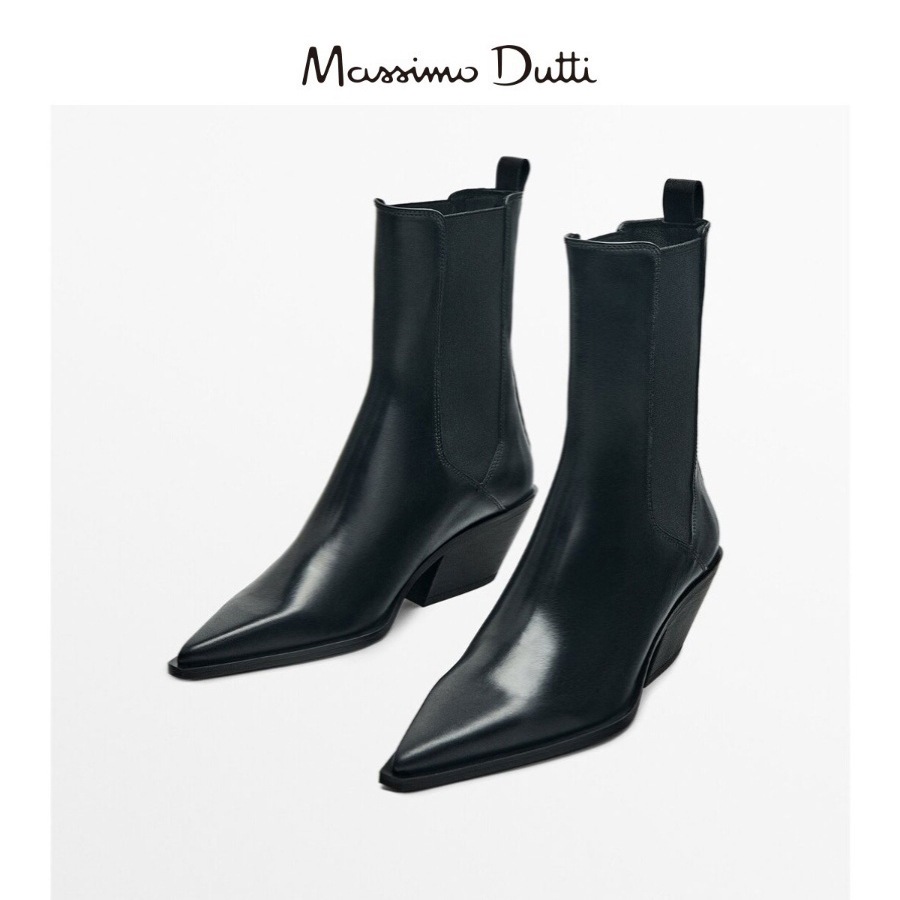 Massimo Dutti Qadın Dəri Başmaqlar - Qara, Uclu, Yüksək Daban