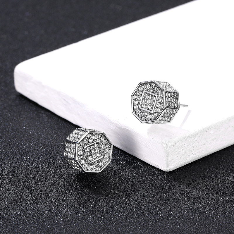 HIPHOP full diamond three-dimensional geometric earrings, personalized Instagram style fashion accessories, men's_voghion.com