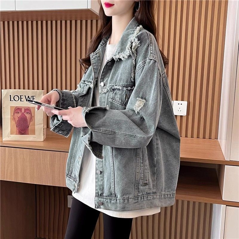 Spring and Autumn New Denim Jacket for Women, Distressed Casual Versatile Retro Loose Korean Style Trendy Design Jacket Top Spring and Autumn New Denim Jacket for Women, Distressed Casual Versatile Retro Loose Korean Style Trendy Design Jacket Top