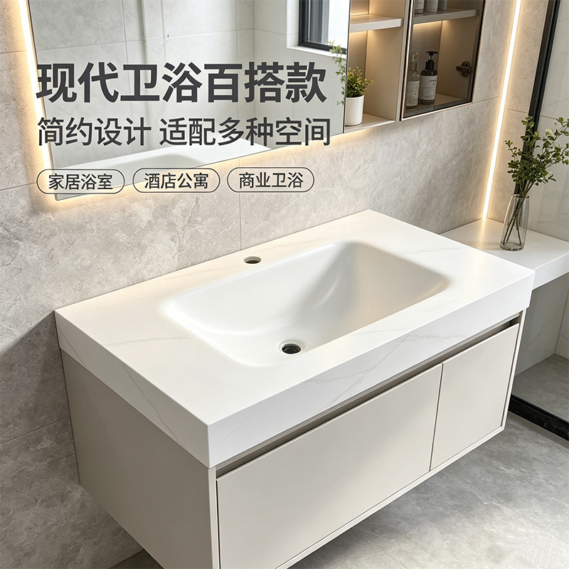 Sintered stone integrated washbasin, seamless bathroom vanity, custom-made for various shapes, available in single or double basin configurations