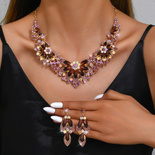 外贸跨境新款重工高颜值新娘首饰套装甜美夸张满钻花朵项链耳环女