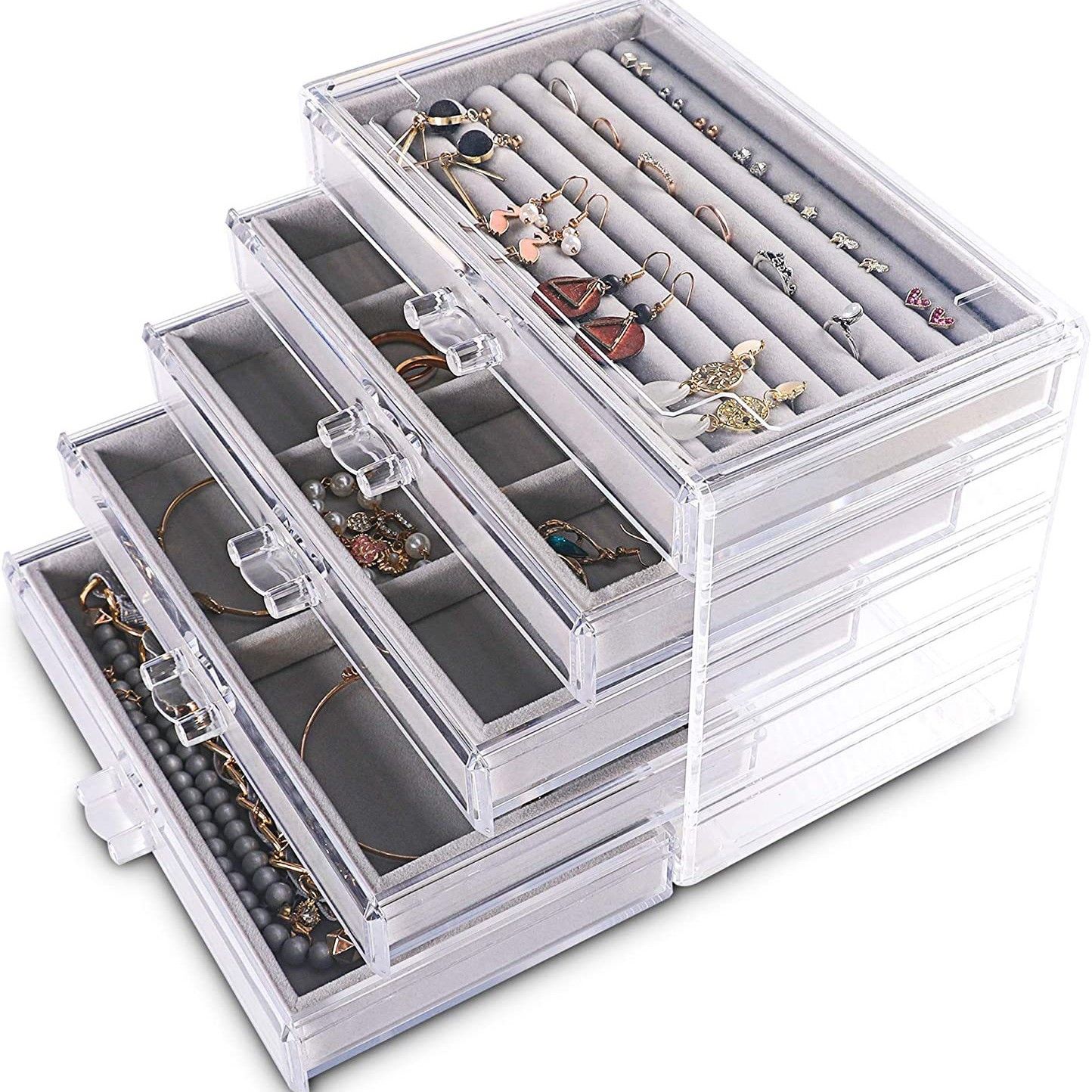 Caja de joyería de franela beige transfronteriza multi-capa de terciopelo placa anillo de acrílico collar oreja compartimiento de joyería caja de joyería de acabado