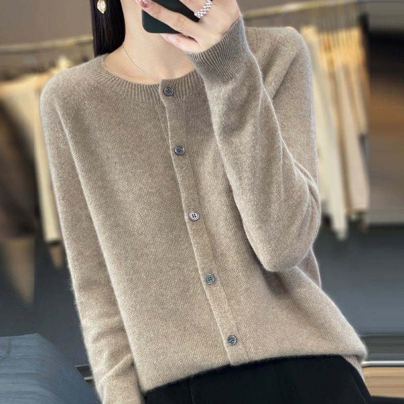 Woolen fashionable cardigan, design demi-season jacket, cashmere sweater, round collar, trend of season, oversize