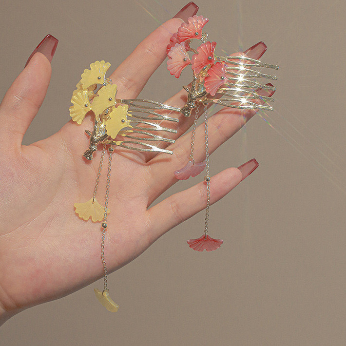 Chao Xian Ancient Style Ginkgo Leaf and Tassel Hair Comb, Retro Updo Bangs Insert Comb, Elegant Metal Hair Accessories for Women, Wholesale