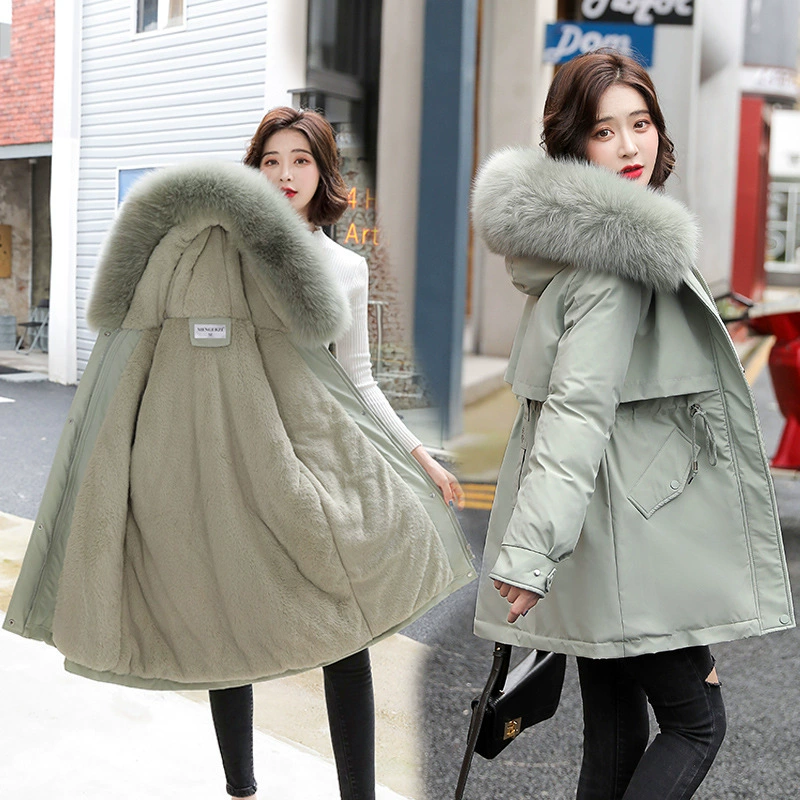 Women's Short Parka, Thickened Plush Lining, Large Wool Collar, Casual Cotton Shell