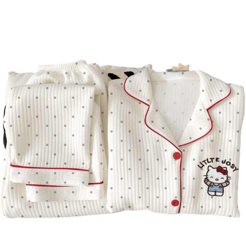 헬로 키티 에어 코튼 파자마 여성의 겨울 두꺼운 샌드위치 일본 스타일 귀여운 웨이브 도트 학생 홈 의류 세트