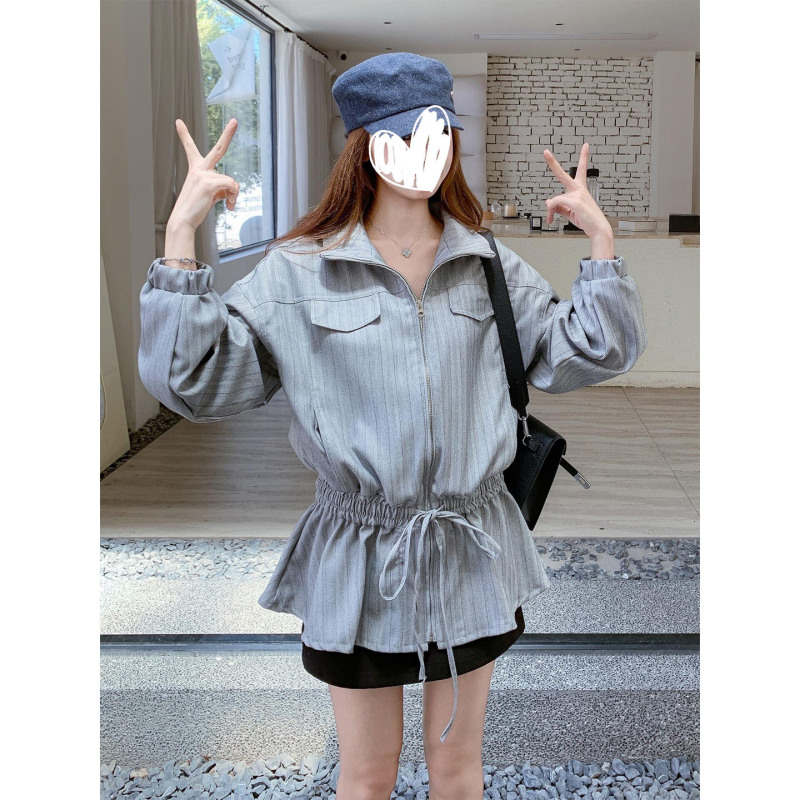 小众复古小个子条纹立领长袖抽绳夹克外套女新款宽松显瘦拉链上衣|undefined
