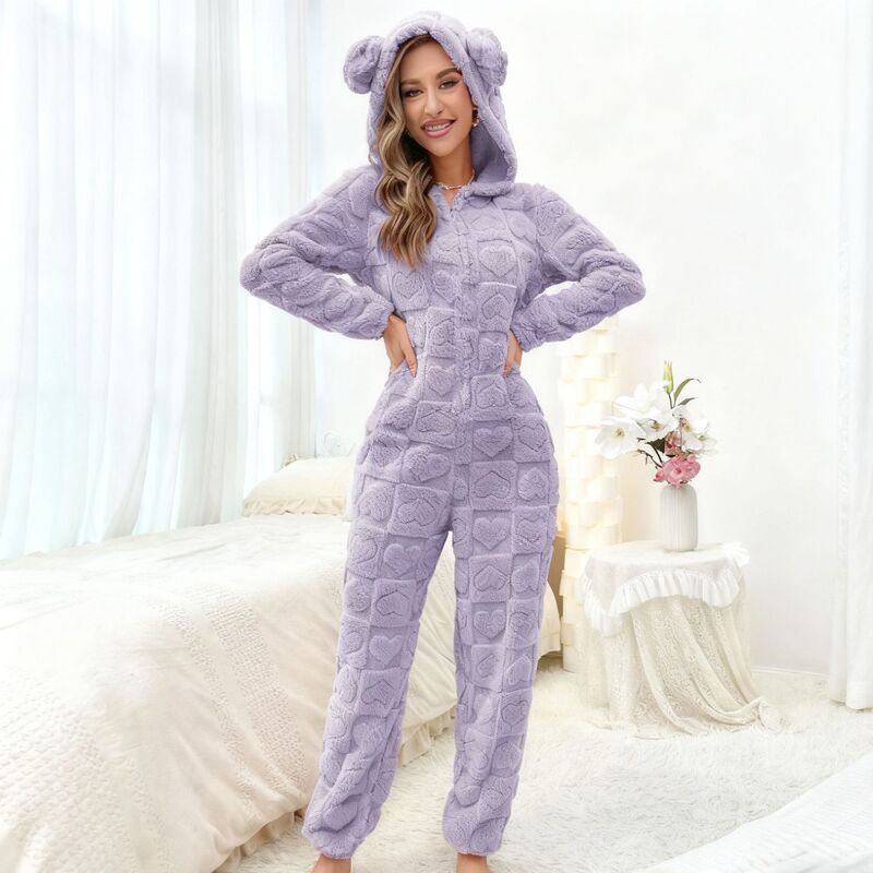 Stuffed Coral Fleece Thickeneded Square Heart Pure Color Hooded Cute Ears One-Piece Pajamas Cute and Sweet Home Clothes