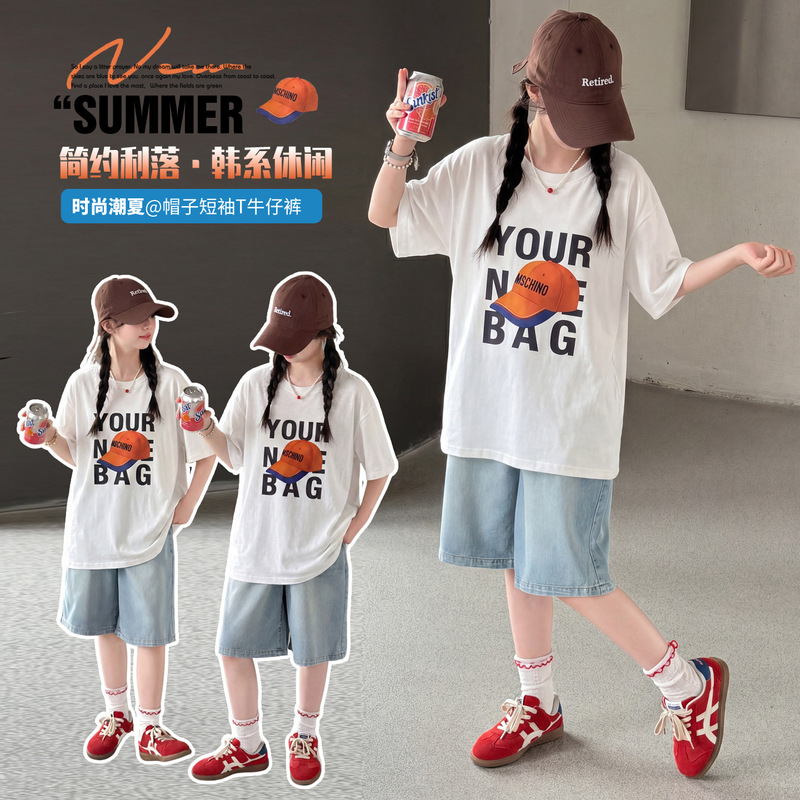 Children's Clothing Girls' Summer Denim Shorts Set 2026 New Summer Girls' Digital 3D Hat T-Shirt Set Children's Clothing Girls' Summer Denim Shorts Set 2026 New Summer Girls' Digital 3D Hat T-Shirt Set