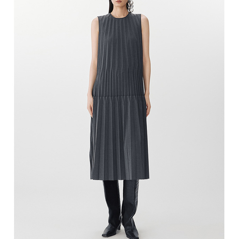 【Jiang* Order】2026 Spring/Summer New Sleeveless Pleated Dress for Women, Elegant Socialite Style, Mid-Length Dress