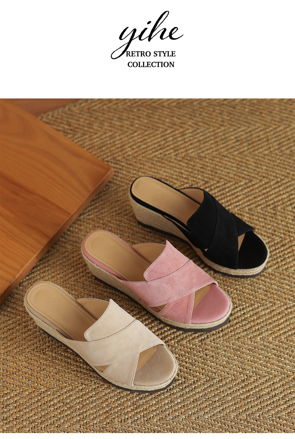 Dép sandal nữ quai ngang đế xuồng đan cói gót 7 cm — Màu đen chi tiết 17