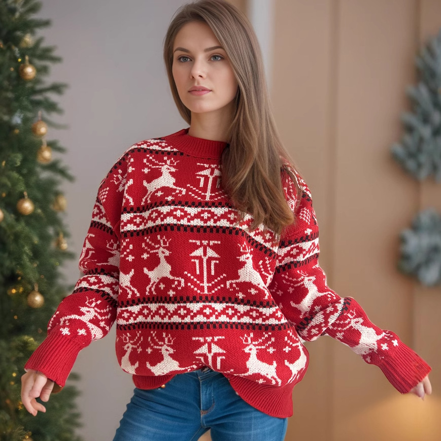 圆领长袖拼色小鹿针织套头衫上衣欧美跨境亚马逊秋冬圣诞节毛衣