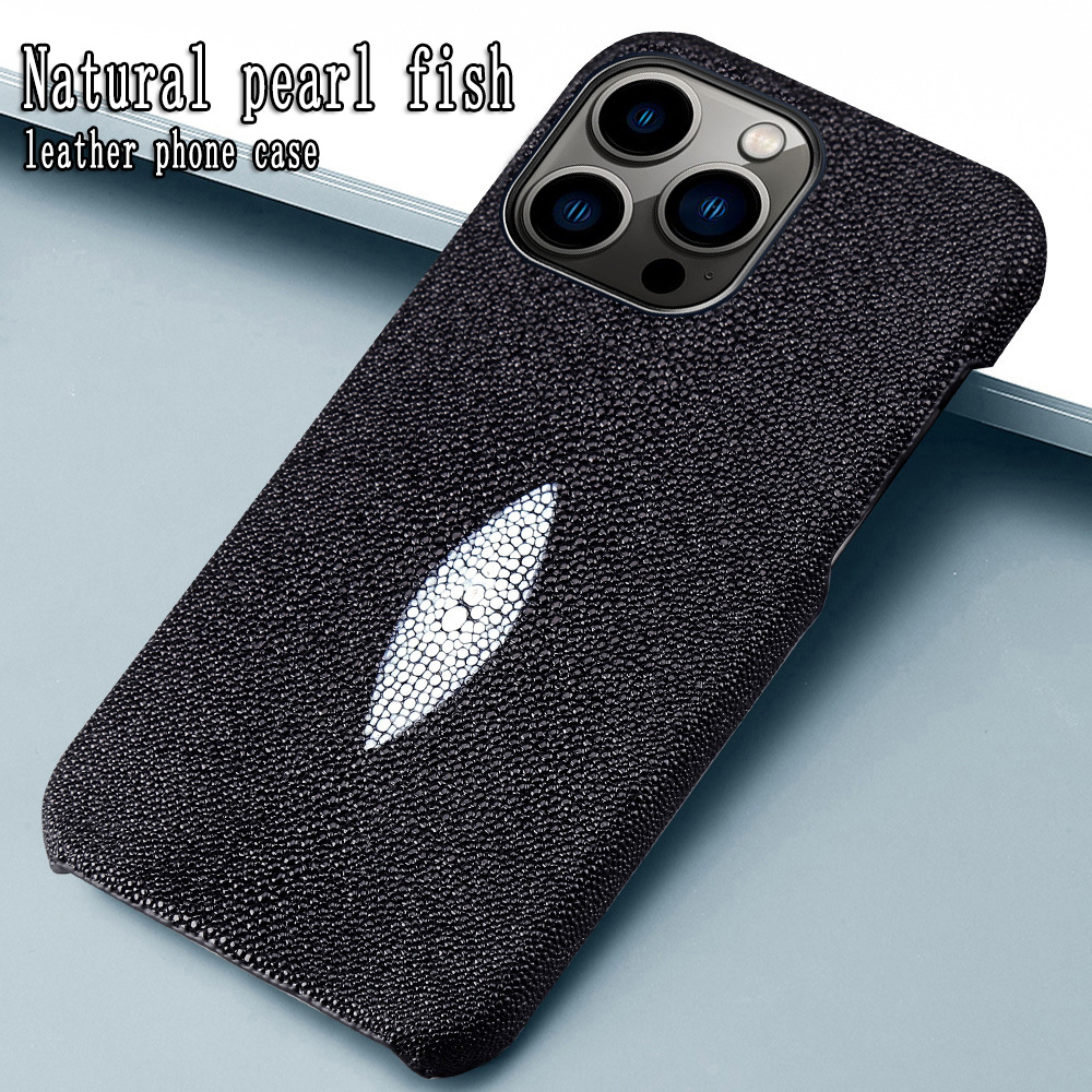 Ốp lưng điện thoại da cá ngọc trai tự nhiên cho iPhone 14/12 Pro Max/13 Pro/11 — Màu đen