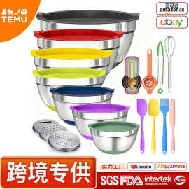 跨境爆款不锈钢沙拉盆创意防滑底带盖打蛋盆烘焙工具和面盆搅拌盆