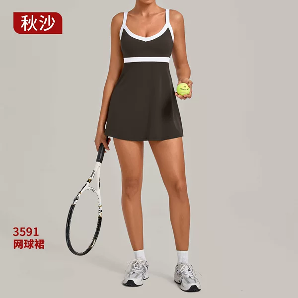 Autumn Yoga Sports Dress with Side Pockets, Anti-Exposure Design, Color-Block Patchwork, Running, Fitness, Tennis Skirt 3591