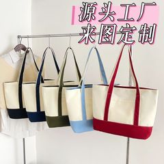拼接帆布手提袋新款手提斜跨两用帆布袋 定 制logo单肩大容量托特