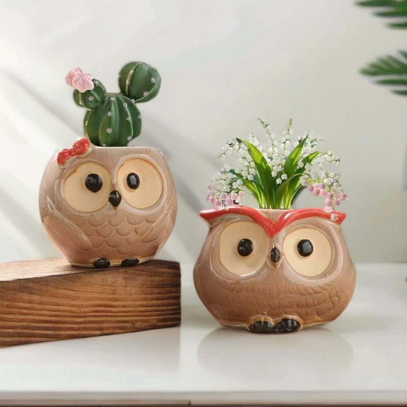 Wholesale Clearance of Kiln-Fired Small Owl Animal Succulent Pots, Ceramic Household Breathable Coarse Pottery Root-Control Pots
