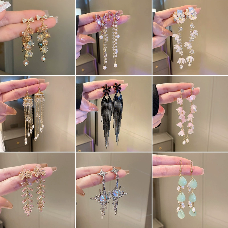 Длинная серебряная игла, серьги, цирконы из жемчужины, цветочные