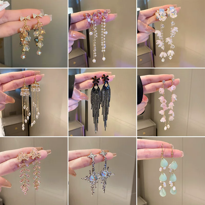 Длинная серебряная игла, серьги, цирконы из жемчужины, цветочные