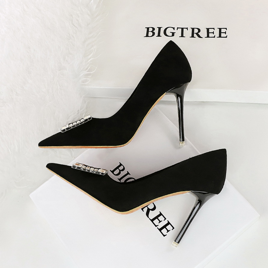 9511-K75 European And American Style Banquet Stiletto Women's Suede Shallow Mouth Pointed Toe Square Rhinestone Single_vogvips.com