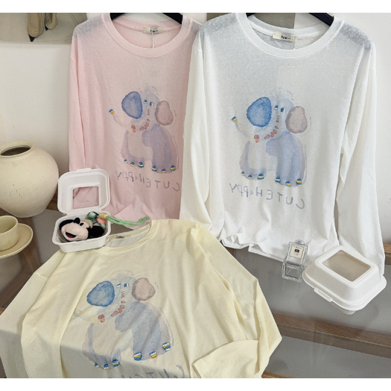 【Light Blue Elephant】Hg00136 Watercolor Elephant Thin Long-Sleeve Sunscreen Shirt Lyocell Tencel Long-Sleeve Versatile Top