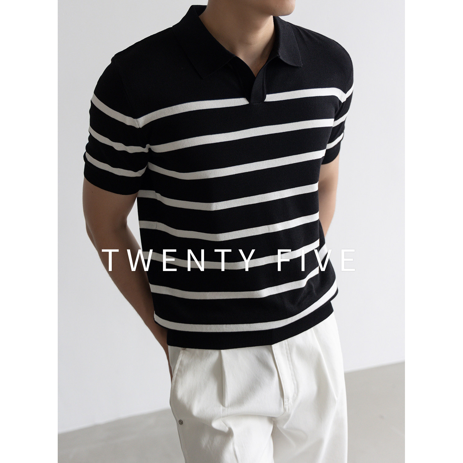 Polo camiseta de punto camiseta de manga corta camiseta de hombre cuello en V gaviota cuello rayas viejas líneas de viento de verano fábrica transfronteriza mayorista