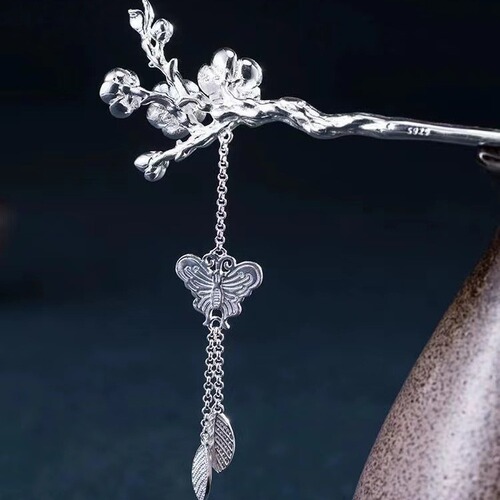 Silver-plated hairpin plum blossom hairpin hairpin retro style tassel sterling silver ancient hairpin headdress