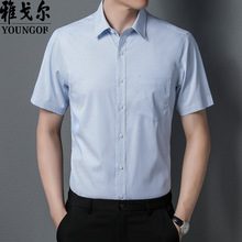 雅戈尓棉衬衫男士中年夏季新款商务休闲抗皱免烫薄款半袖条纹衬衣