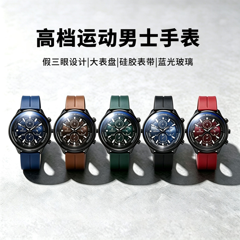 Cross-border fake three-eye wristwatch with large dial, silicone strap, quartz movement, blue light glass, high-end sports men's watch