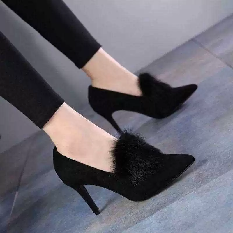 2023 Весенне-осенние туфли на высоком каблуке, женские универсальные туфли с глубоким ртом, пушистые туфли с острым носком, сексуальные туфли в горшках, однослойные туфли со средним ртом, женские туфли на тонком каблуке