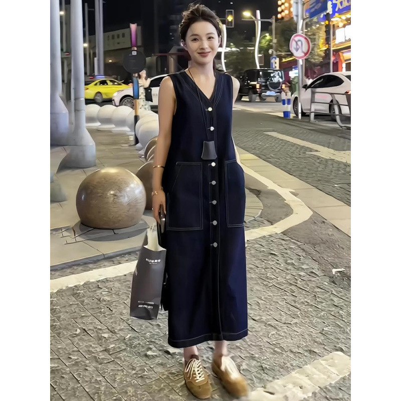 ノースリーブデニムドレス女性の新しい夏の軽い高級感見栄えの良い気質ロングスカート女性の春と夏|undefined