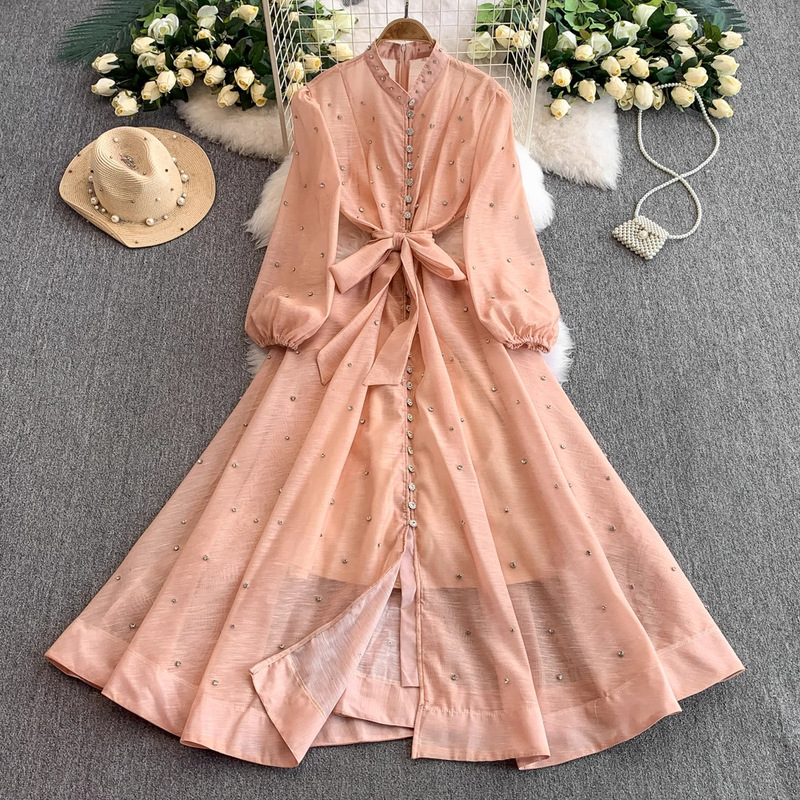 Cross-Border Elegant Single-Breasted Stand-Up Collar Lantern Sleeve Dress Women's High-End Diamond-Encrusted Waist Slimming Long Skirt