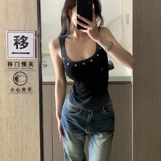 American Style Spice Girl Gradient Perforated Slim-fit Slim-fit Slimming Sleeveless Top Wearable with Chest Pad Sling Vest for Women
