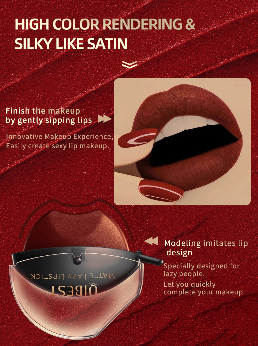 QIBEST Lazy Lip Lipstick is not easy to fade, has a long-lasting matte finish, and does not stick to the rim of the cup. Wholesale Item Picture