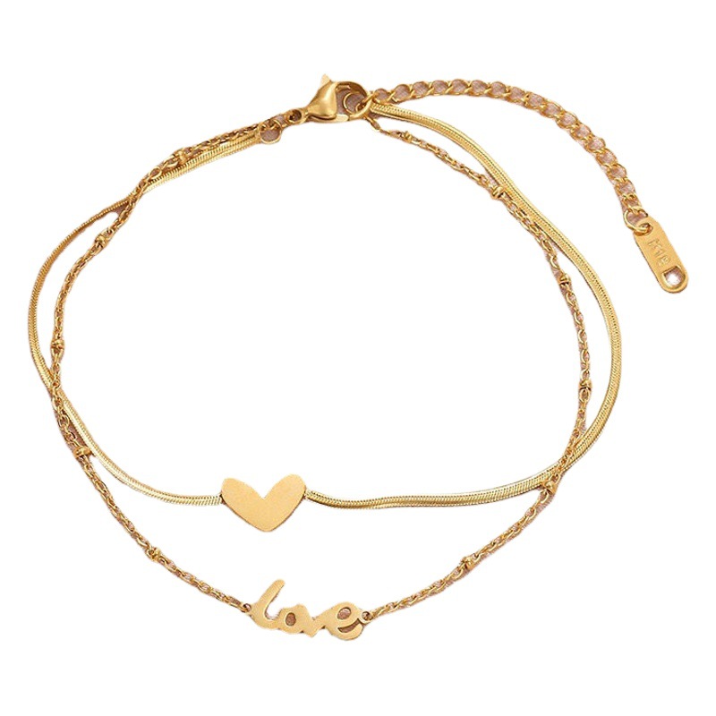 2023 Nueva moda de doble cara de acero de titanio de doble capa amor tobillo de mujer de moda de 18 quilates chapado en oro todo partido simple tobillo
