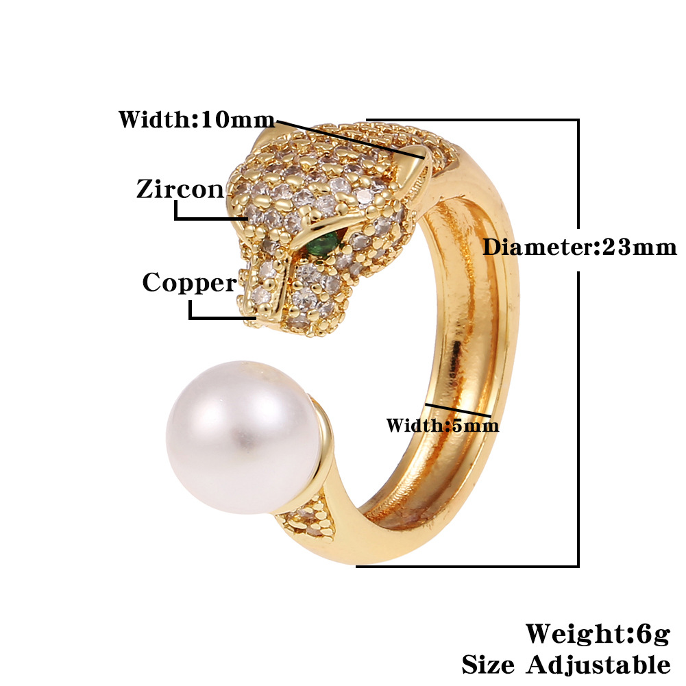 New Women's Leopard Diamond Pearl Copper Tail Ring Wholesale display picture 1