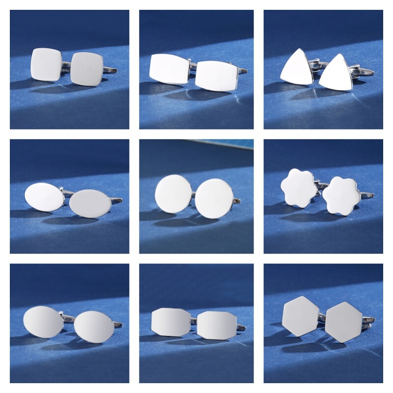 Stainless steel silver geometric cufflinks men's French shirt pure metal round flower fashion fun cufflinks