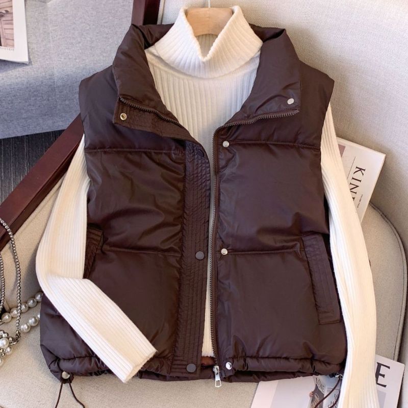 2026 Autumn and Winter New Style Pu Leather down Cotton Vest for Women, Lightweight Stand-Up Collar, Warm and Stylish, American Trendy Outerwear Vest