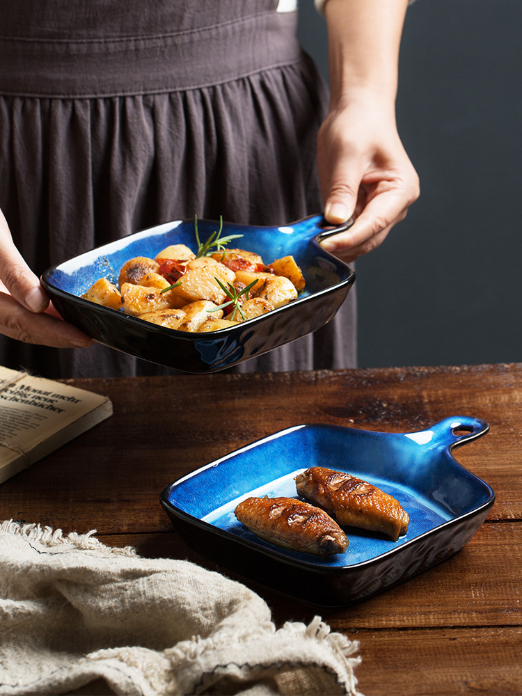 Placa de cerámica creativa con mango hogar plato fruta hornear Internet celebridad arroz al horno japonés esmalte vajilla