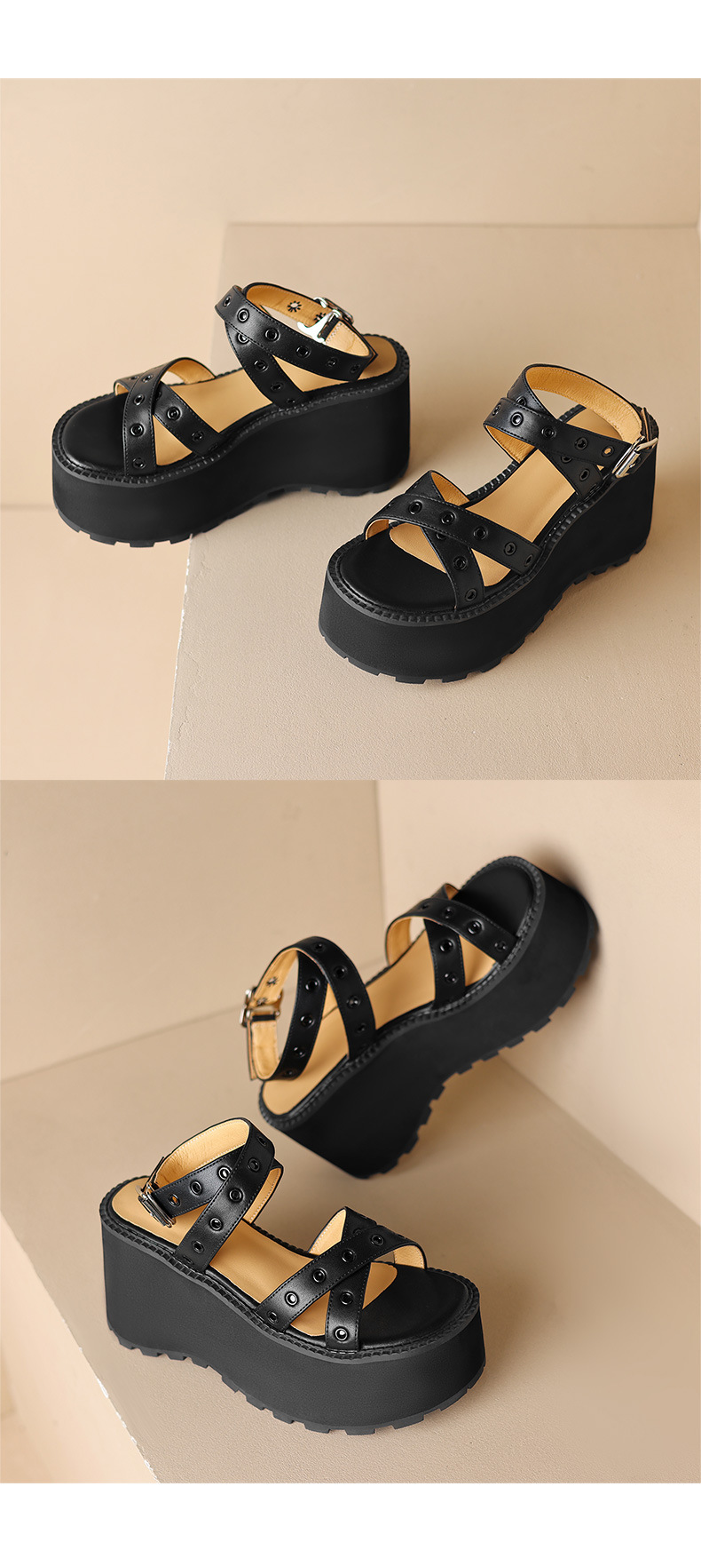Sandal cao gót nữ quai chéo đế xuồng gót 11 cm, phong cách La Mã đinh tán — Đen 11cm, Đen 9cm chi tiết 15